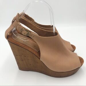 Sbicca Wedge Heel Peep Toe Tan Leather Shoes Size 40